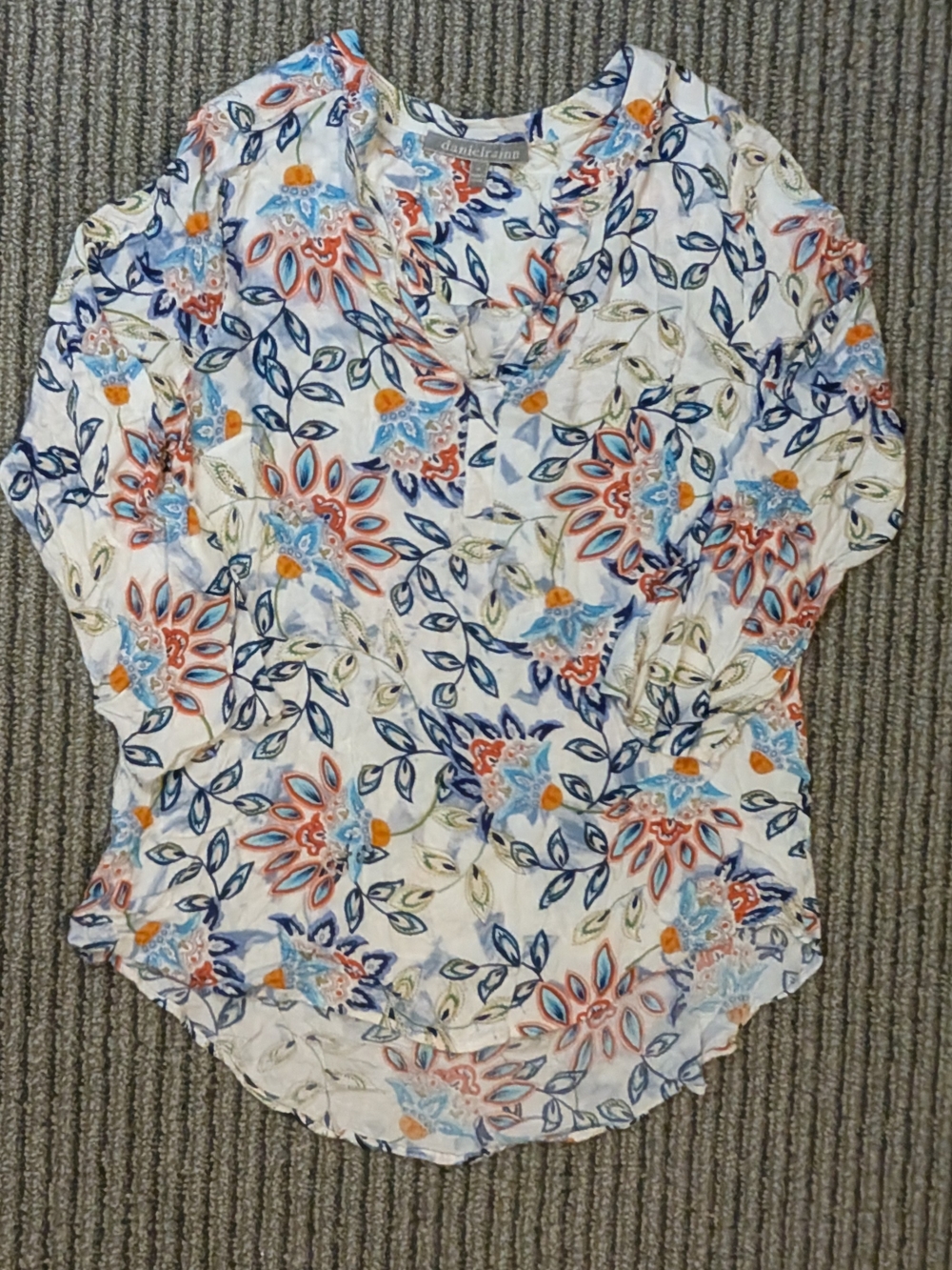 Daniel Rainn White Floral Print Blouse with Blue and Coral Accents